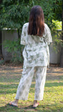 cotton loungewear kaftan top with matching straight pants Kairi Kafjama white with light olive color leaf pattern