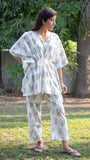 cotton loungewear kaftan top with matching straight pants Kairi Kafjama white with light olive color leaf pattern