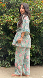 cotton loungewear kaftan top with matching straight pants kudrat kafjama light blue with pink and teal floral pattern