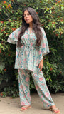 cotton loungewear kaftan top with matching straight pants kudrat kafjama light blue with pink and teal floral pattern