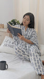 cotton loungewear kaftan top with matching straight pants pineapples kafjama white with dark blue print