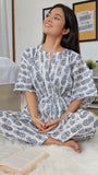 cotton loungewear kaftan top with matching straight pants pineapples kafjama white with dark blue print