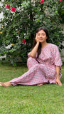 cotton loungewear kaftan top with matching straight pants shabnam kafjama pink with green and white print