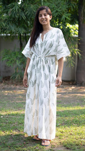 cotton loungewear kaftans that are light and breezy kairi kaftan white with light olive color leaf pattern