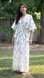 cotton loungewear kaftans that are light and breezy kairi kaftan white with light olive color leaf pattern