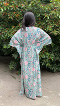 cotton loungewear kaftans that are light and breezy kudrat kaftan light blue with pink and teal floral pattern