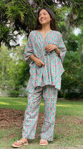 cotton loungewear kaftan top with matching straight pants naaz kafjama teal with red and white print