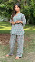 cotton loungewear pyjama sets relax in our stylish kurta pyjama naaz pyjama set teal with white and red print