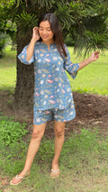 cotton loungewear shorts sets that are perfect for indian climates nayaab shorts set light blue with floral print